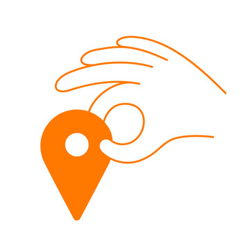 Vector hand drawn in minimal linear style with a location pin. Hand icon