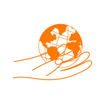 Vector hand drawn in minimal linear style of hand holding a globe. Hand icon