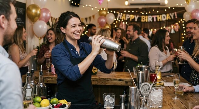 Smiling female bartender shaking a cocktail at a birthday party. Professional mixologist making drinks behind a wooden bar. Festive event celebration with guests