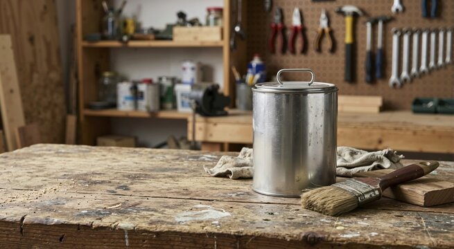 Metal can of paint thinner and a used brush on a messy wooden workbench. DIY workshop interior with tools on a pegboard