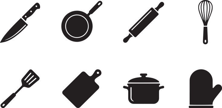 A collection of various kitchen utensils and cooking equipment icons presented in a clean and minimalist black and white graphic design style silhouette
