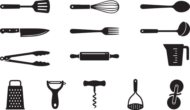 Collection of various kitchen utensils and cooking tools represented in a clean black and white graphic design style as a flat silhouette