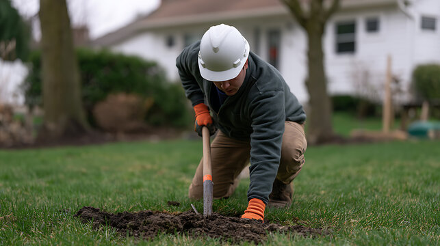 Dedicated worker in white hard hat and orange gloves kneel to dig soil with a shovel, prepare the ground for planting, home landscaping