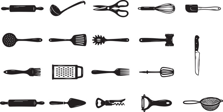 Collection of various kitchen utensils and cooking tools arranged in a clean and minimalist black and white graphic design silhouette