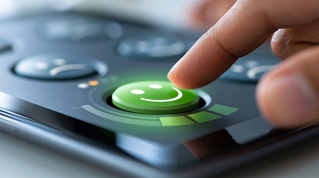 Close-up of hand pressing green smiley face button on modern device with emotional expression options, feedback technology concept, defocused background, with copy space