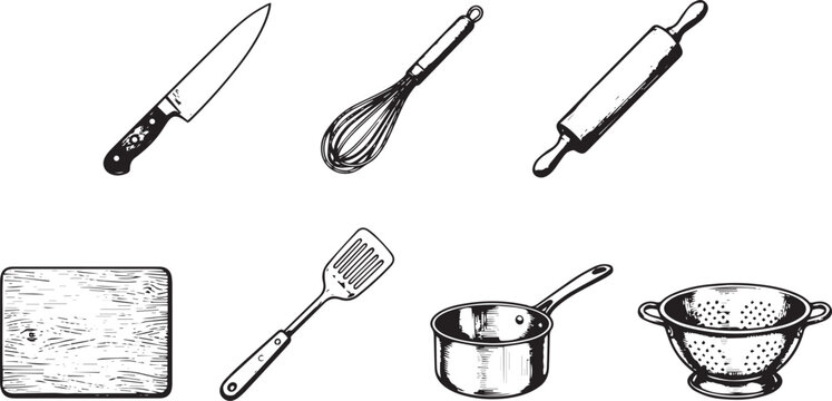 Collection of various kitchen utensils and cooking equipment isolated on a white background presented as a simple black graphic silhouette