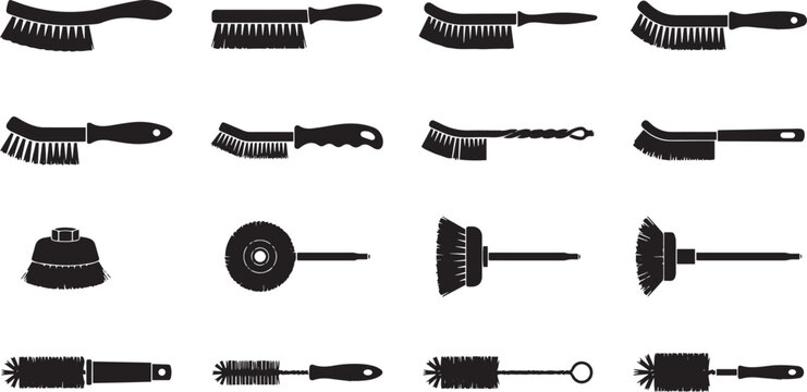 Collection of various industrial wire brushes and abrasive cleaning tools displayed as a detailed black and white graphic design icon set silhouette