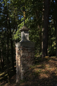 Wayside cross in the forest on Zelena Hora at Nepomuk,Czech Republic,Europe
