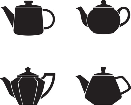 A collection of four different vintage tea pot designs displayed as a clean black and white graphic art style silhouette