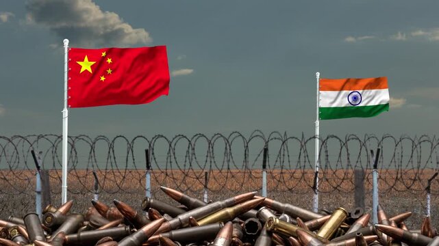 China and India flags waving over military border defense video animation