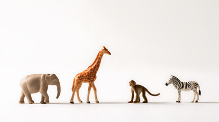 Obraz premium A captivating horizontal studio shot of various wild animal toys including an elephant, giraffe, monkey, and zebra, isolated on a bright white background