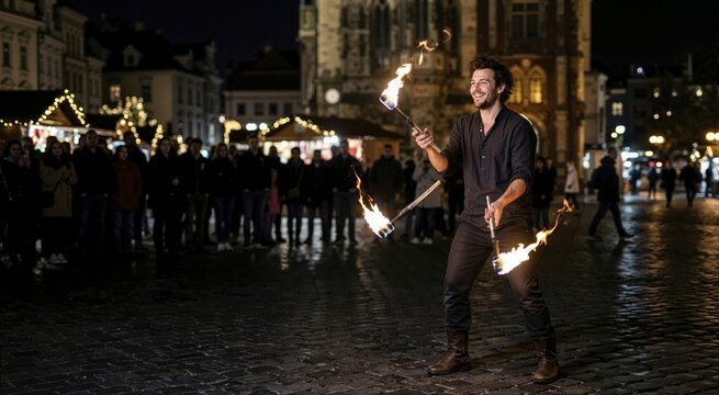 Street performer juggling torches lights up urban square after dark. Skilled street performer juggling torches thrills crowd with fire artistry.