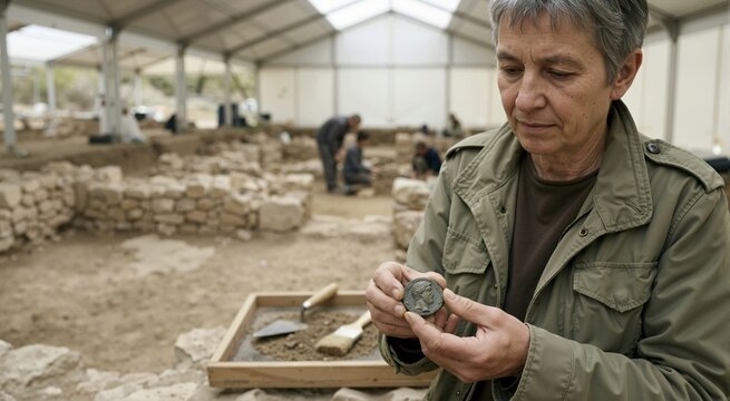Archaeologist holding ancient bronze coin artifact at excavation site. Scientist examining historical discovery with team working in background