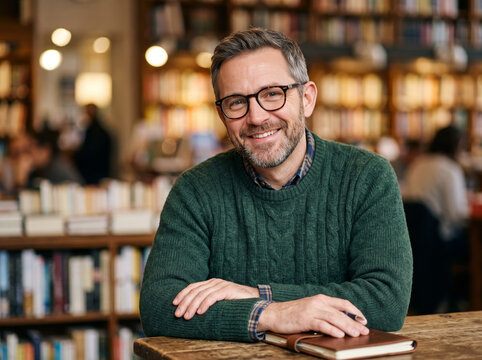 Friendly Male University Professor Leaning on Library Desk with Books