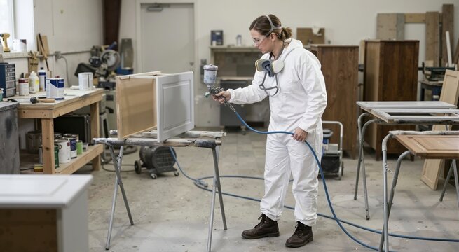 Female painter in protective suit using an HVLP spray gun. Professional woman refinishing a cabinet door in a woodworking shop