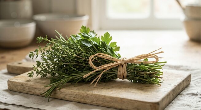 Fresh herb bunch tied with natural raffia twine on a wooden board. Bundle of green rosemary thyme and parsley in a bright kitchen. Organic ingredients for home cooking