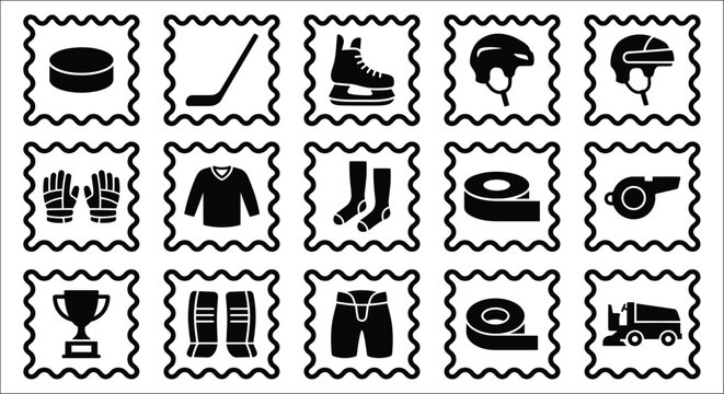 Ice hockey equipment silhouettes in black and white arranged within decorative frame borders puck stick