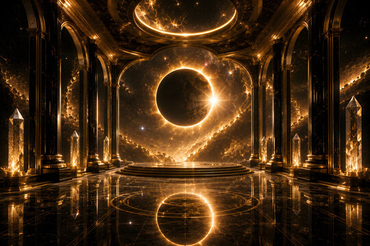 Golden Eclipse Hall with Luxury Black Marble Architecture and Celestial Solar Eclipse