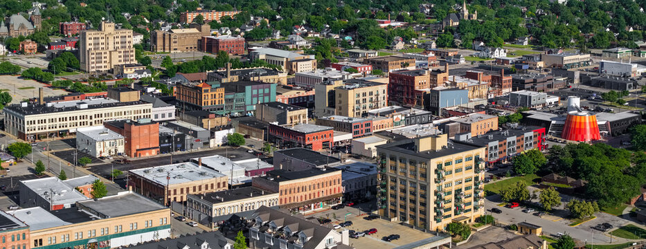 Aerial view downtown Bay city, Michigan urban landscape