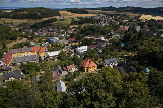 Aerial view of the village Bouzov in Olomouc District, Czech Republic,Europe
