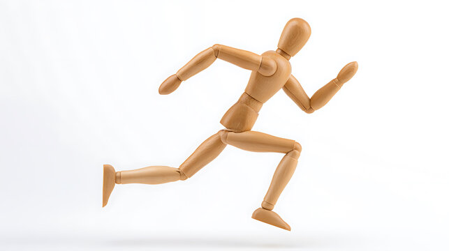 Wooden Articulated Figure in a Dynamic Running Pose, Illustrating Movement and Effort on a Clean White Background
