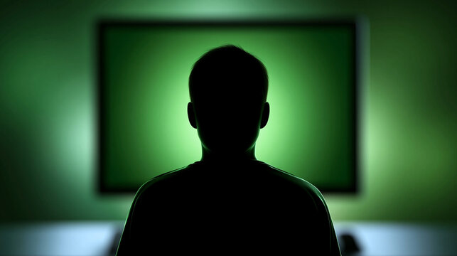 Green glowing face silhouette standing in front of computer monitor, futuristic technology concept, defocused background, with copy space