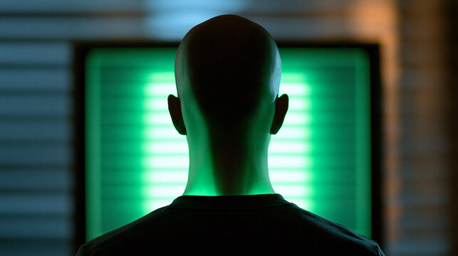 Green glowing face silhouette standing in front of computer monitor, futuristic technology concept, defocused background, with copy space