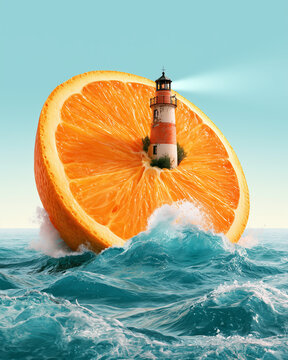 Surreal Orange Slice with Tiny Lighthouse on Ocean Waves