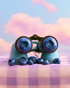 Vintage Binoculars with Glossy Blueberry Lenses Surreal Concept