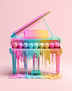 Grand Piano with Melting Rainbow Ice Cream Keys Surreal Concept