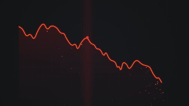 Red glowing economic line graph moving downwards on dark background representing market crash decline financial crisis data loss.