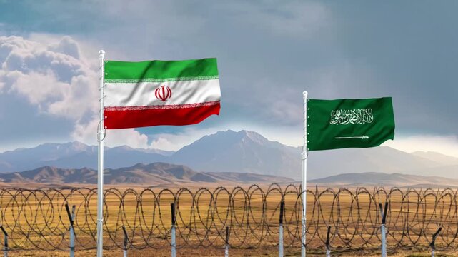 Iran and Saudi Arabia flags waving in desert border video animation