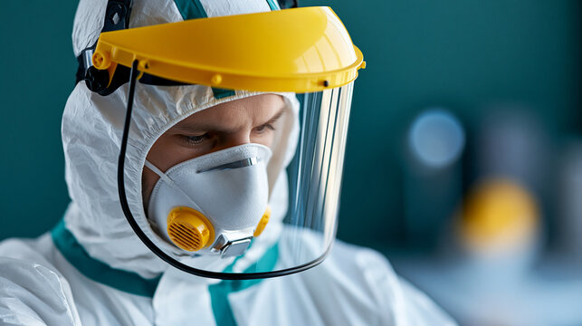 Faceless person in hazmat suit with yellow face shield against green background, protective equipment concept, defocused background, with copy space
