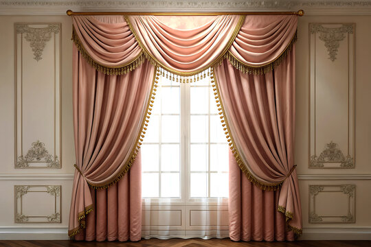 Luxurious Pink Curtains with Gold Fringe Trim and Swag Valance in Elegant Classic Room Interior