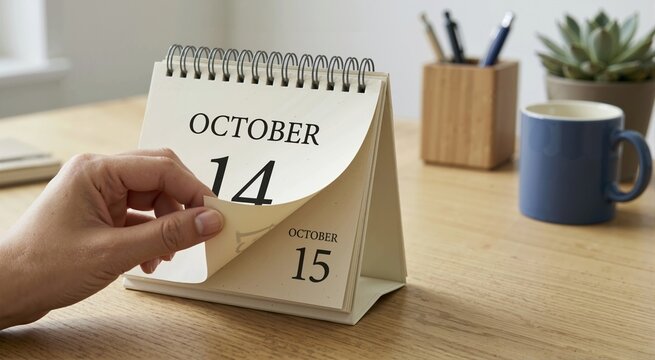 Hand flipping desk calendar page from October 14 to 15. Time passing and daily schedule planning concept