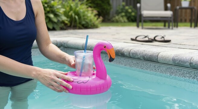 Person holding a pink flamingo inflatable drink holder in a swimming pool. Summer vacation concept with a cold beverage in a clear cup