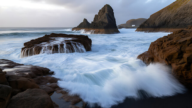 Coastal seascape with crashing waves and dark jagged rocks seascape landscape crashing outdoors dramatic shoreline environment