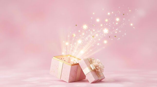 A beautiful small gift box with a white ribbon bow opening to reveal magical glowing sparkles on a soft pastel pink background