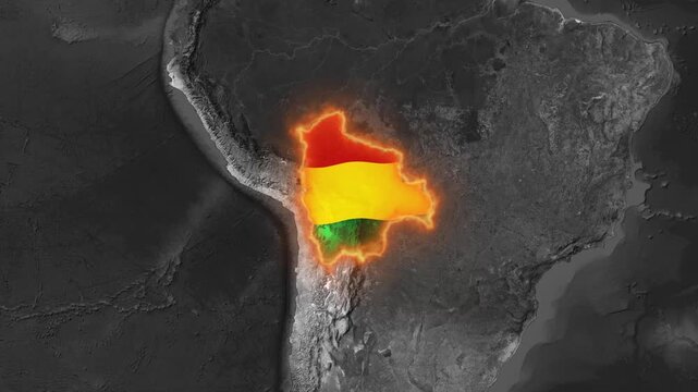 Animated bolivia map with glowing national flag overlay and south american geography background