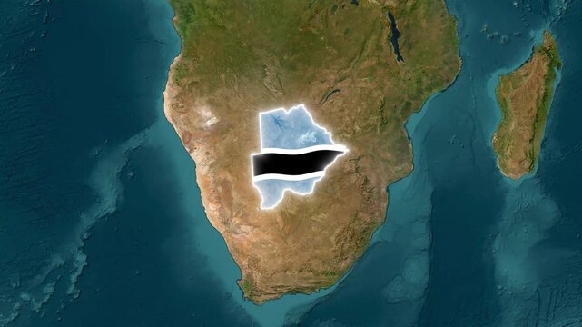 Botswana map with national flag overlay: animated geographic country border and satellite view africa