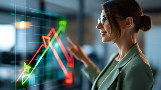 Faceless woman standing in office facing screen displaying graphs with green and red arrows symbolizing growth and decline, business analytics concept, defocused office