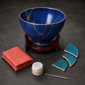 Restored Ceramic Bowl With Gold Repair Seams