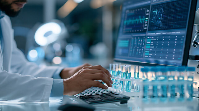 Faceless lab scientist sitting behind monitor logging tube results, scientific data analysis concept, defocused laboratory background, with copy space