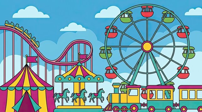 Amusement park with ferris wheel and roller coaster