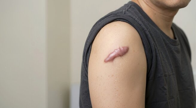 Close up of a keloid scar on a man's shoulder. Skin health and medical condition