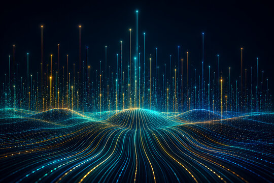 Abstract blue and golden data landscape with flowing lines and luminous signals representing analytics communication artificial intelligence technology and digital infrastructure innovation concept