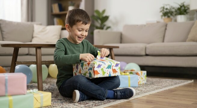 Excited little boy opening a birthday gift wrapped in dinosaur paper. Happy child sitting on a living room rug surrounded by presents and balloons