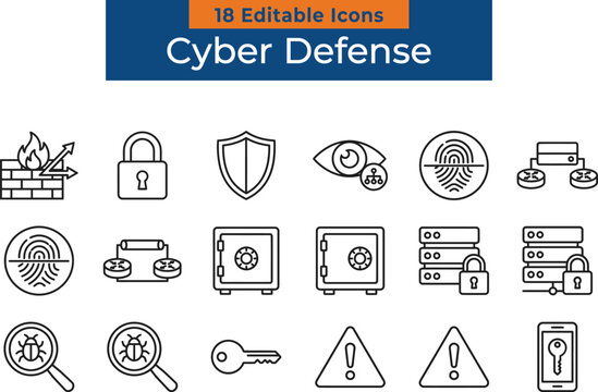 Cyber defense vector icon set featuring cybersecurity symbols like firewalls security shields and data encryption tools for modern tech projects