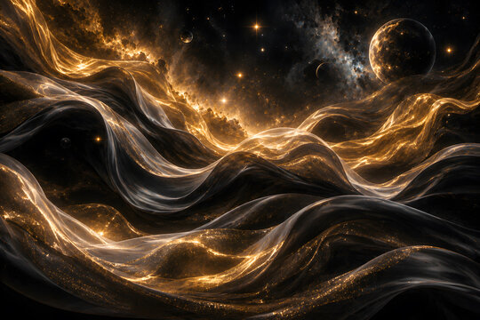 Celestial Silk Waves with Flowing Black and Gold Fabric in a Luxury Cosmic Landscape