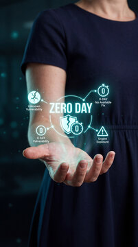 Businesswoman Presenting Zero Day Vulnerability Cybersecurity Hologram